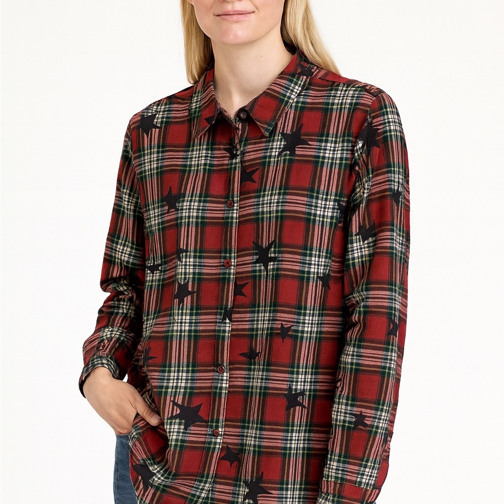 Joan Rivers Red and Green Plaid Shirt with Black Stars